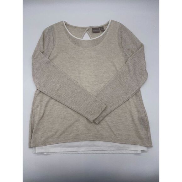 Chico's Long Sleeve Blouse Sz 1 Cream Round Neck Cut Out Back Double Layer - Picture 3 of 9